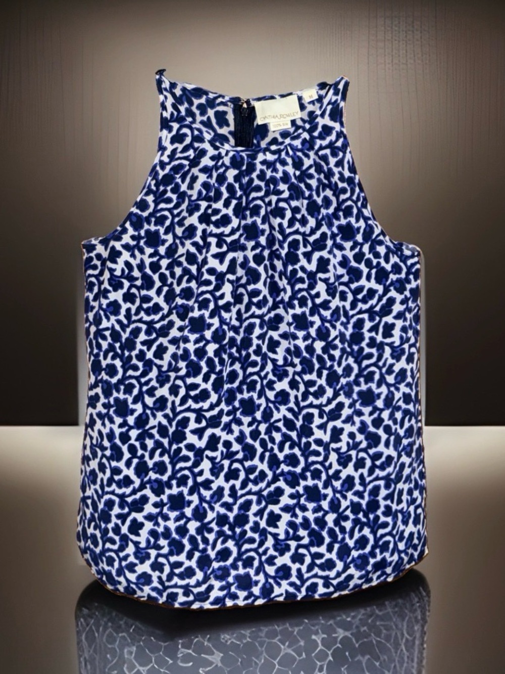 Cynthia Rowley Silk Navy and White Floral-Print Sleeveless Blouse-M-EC